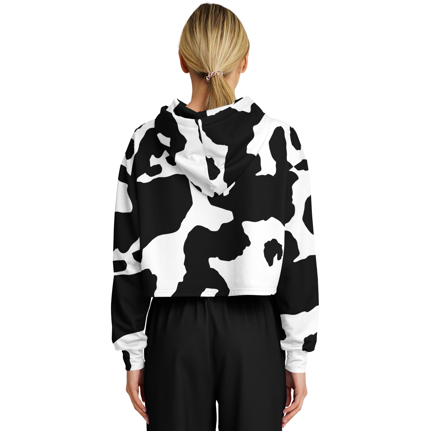 Cropped Hoodie For Women | Black & White Cow Camouflage Camo Colors
