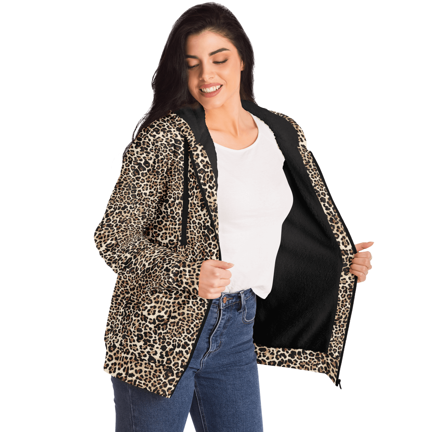 Microfleece Zip Hoodie | Classic Brown Leopard Print Camo Colors