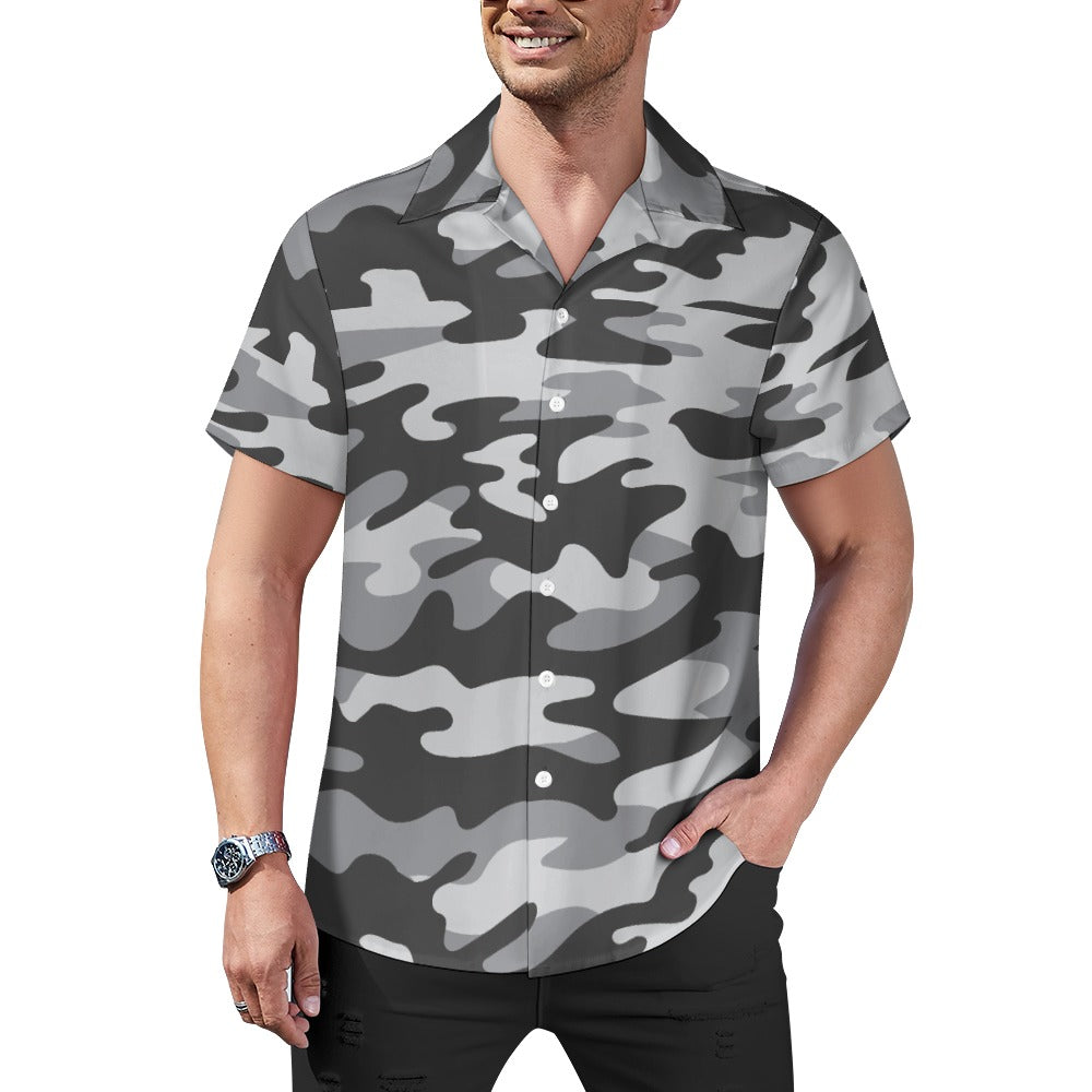 Men's Camo Shirt in Shades of Grey | Cuban Collar Design | Camo Colors