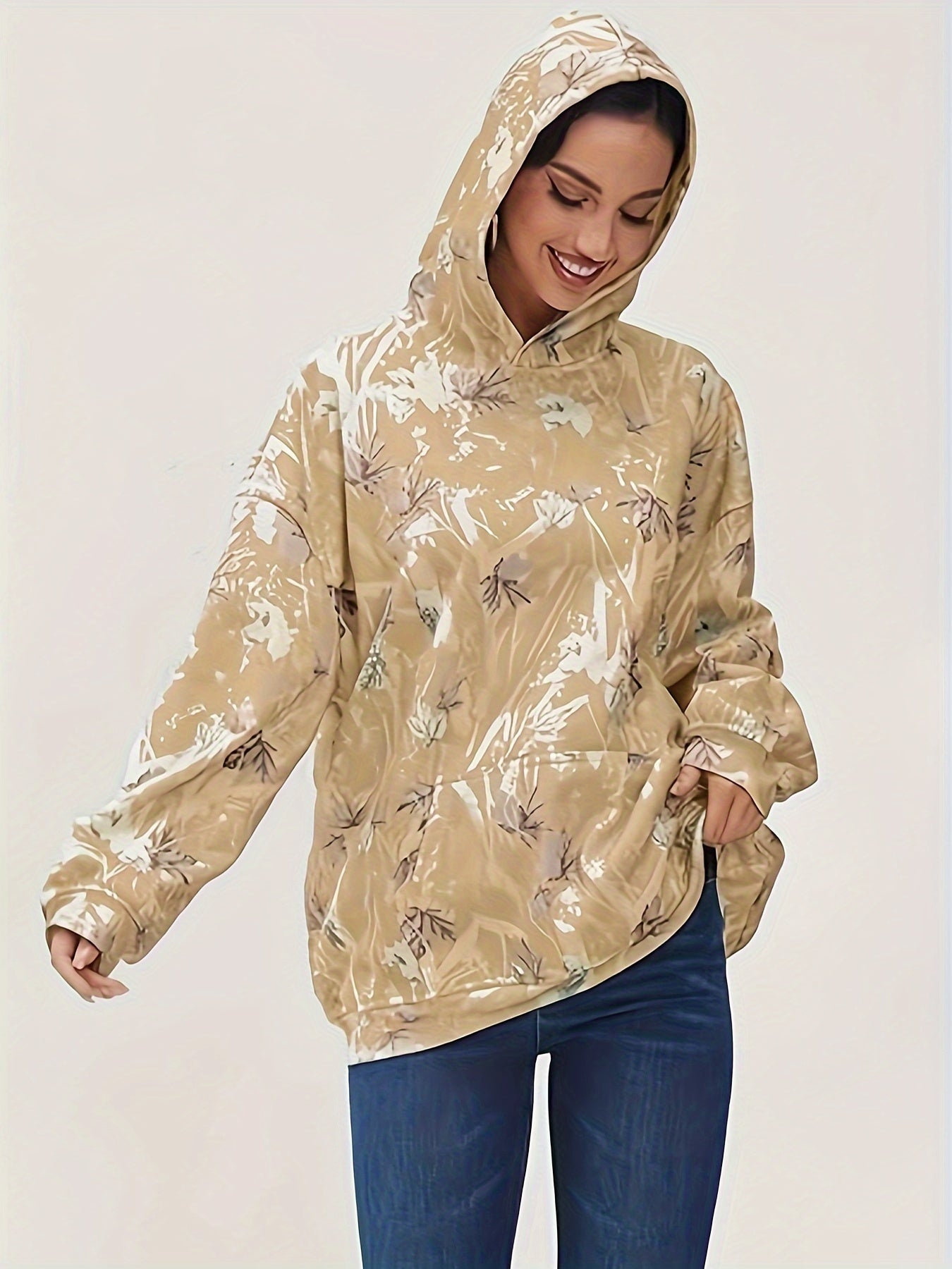 Plus Size Coffee Leaf Print Hoodie | Long Sleeves Paisley Camo Colors