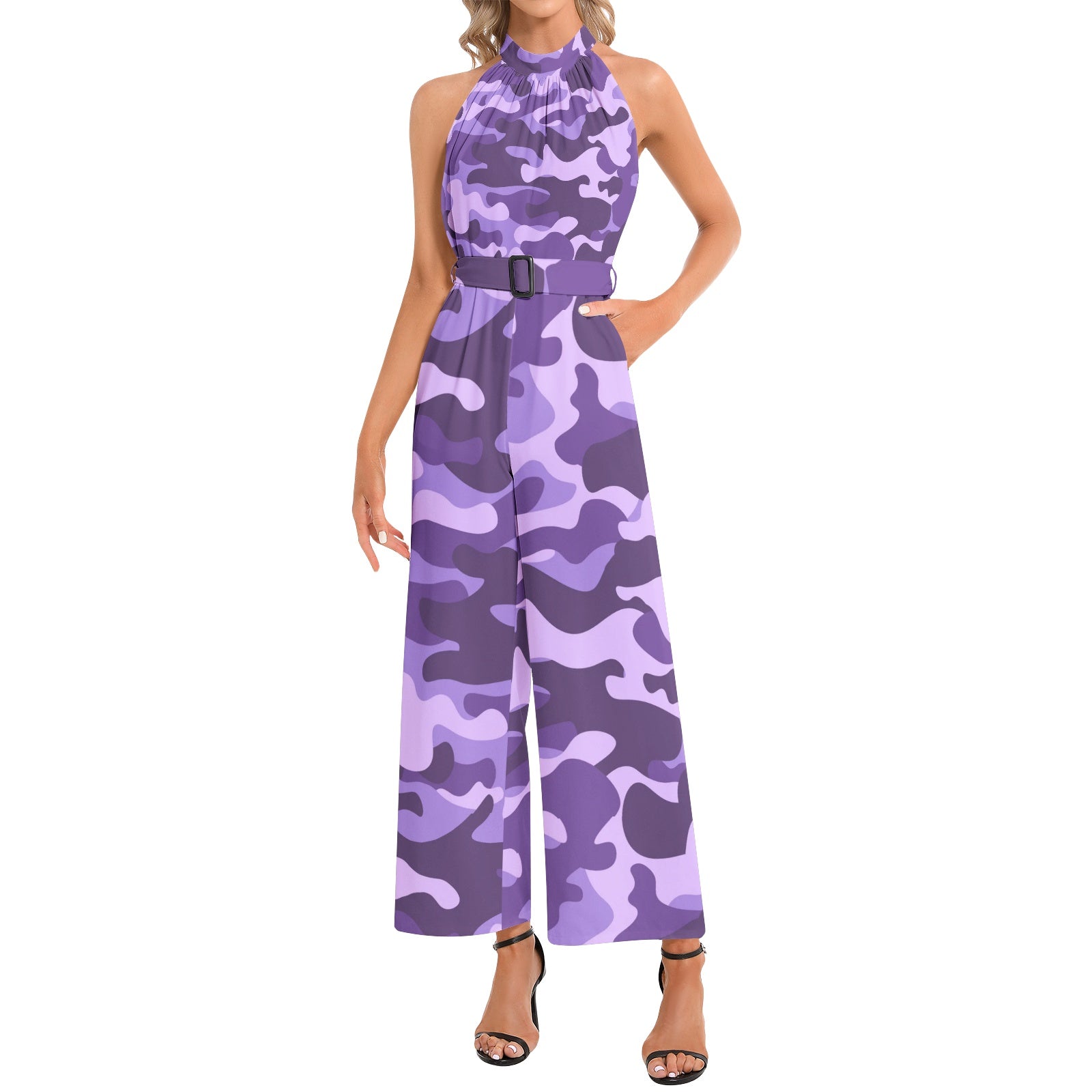 Camo Jumpsuit | Belted Halter Neck | Purple, Blue and Mauve Camo Colors