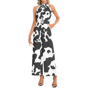 Camo Jumpsuit | Belted Halter Neck | Black & White Cow Print Camo Colors