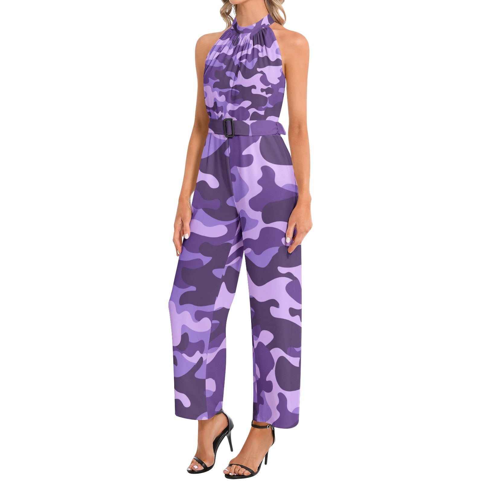 Camo Jumpsuit | Belted Halter Neck | Purple, Blue and Mauve Camo Colors