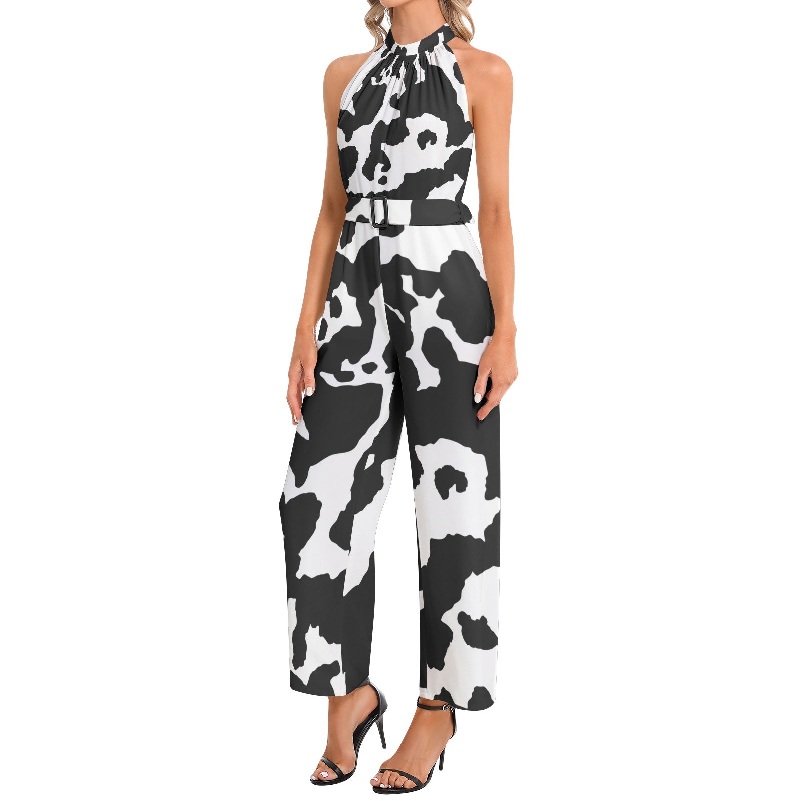 Camo Jumpsuit | Belted Halter Neck | Black & White Cow Print Camo Colors