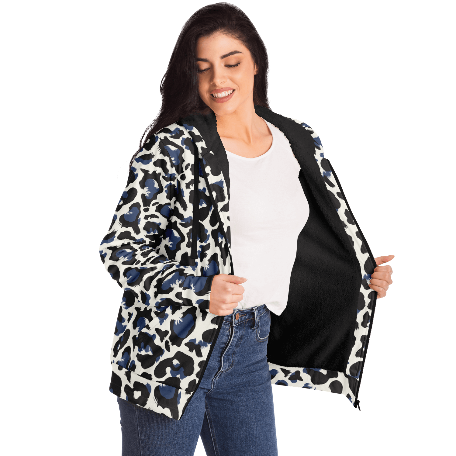 Microfleece Zip Hoodie | Leopard Print in White, Green & Blue Camo Colors