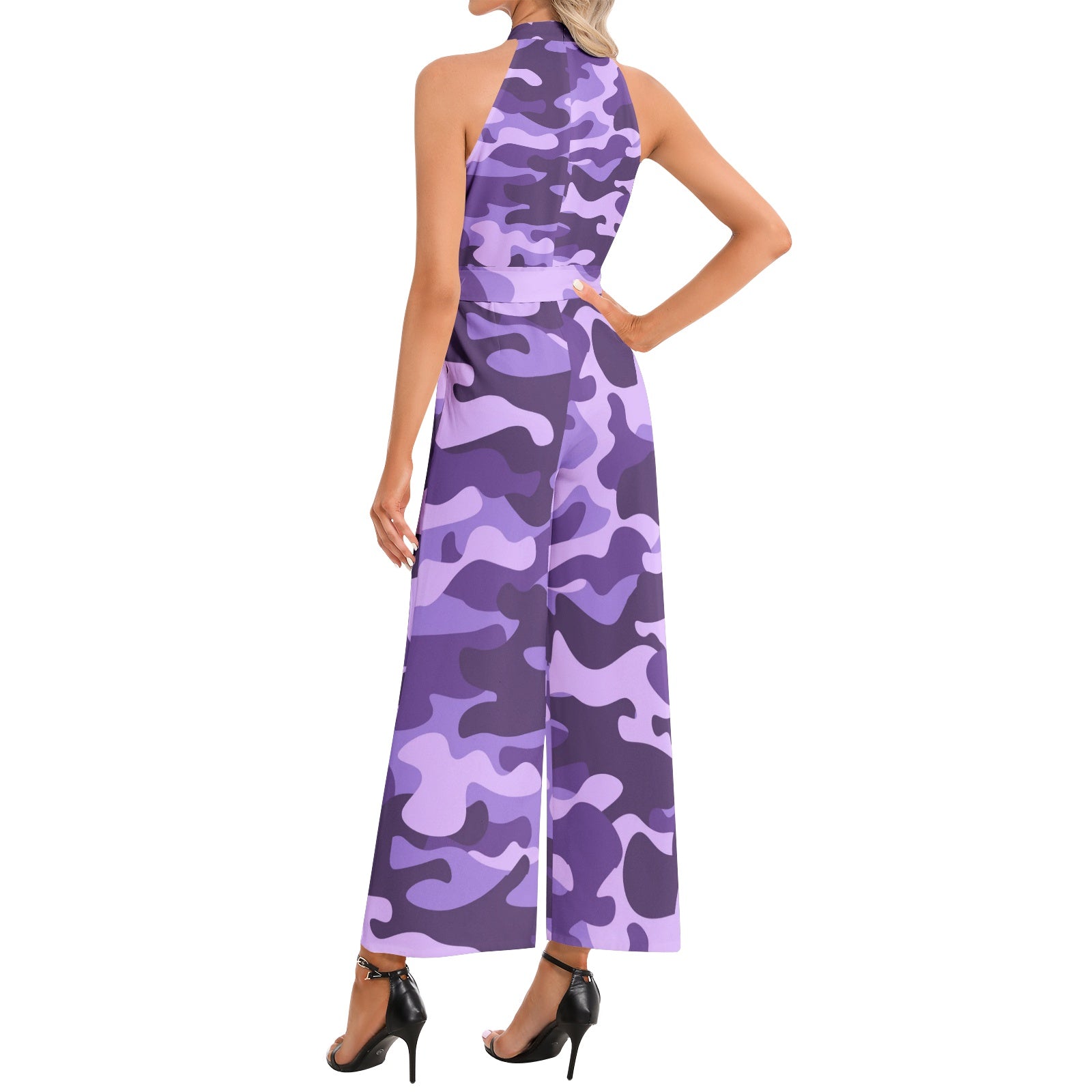Camo Jumpsuit | Belted Halter Neck | Purple, Blue and Mauve Camo Colors