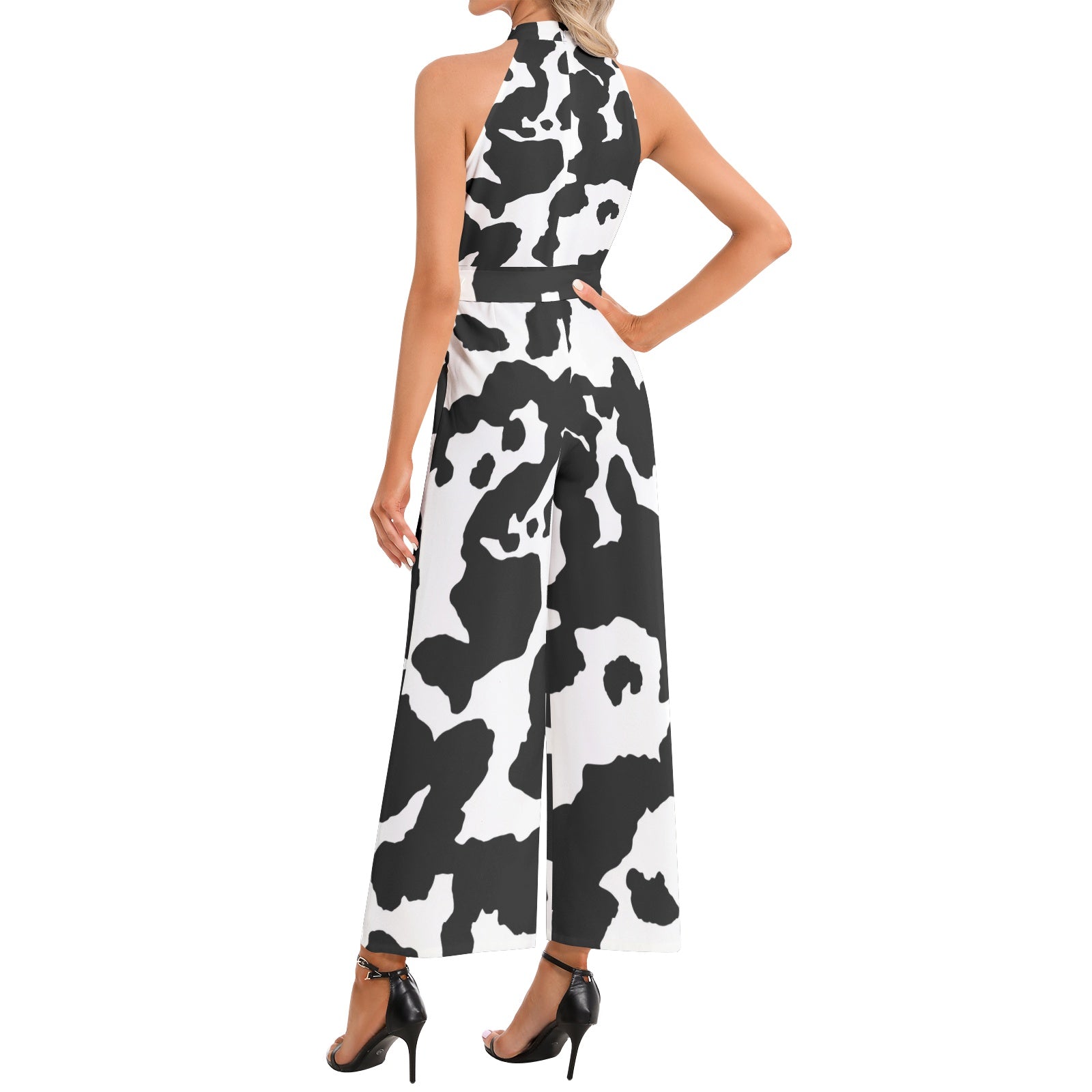 Camo Jumpsuit | Belted Halter Neck | Black & White Cow Print Camo Colors