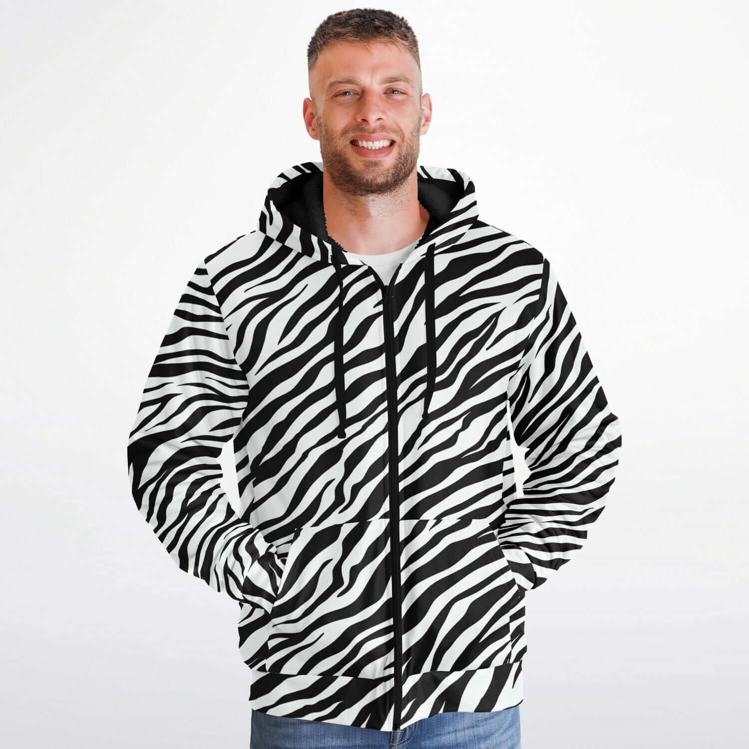 Microfleece Zip Hoodie in Black and White Zebra Print Camo Colors