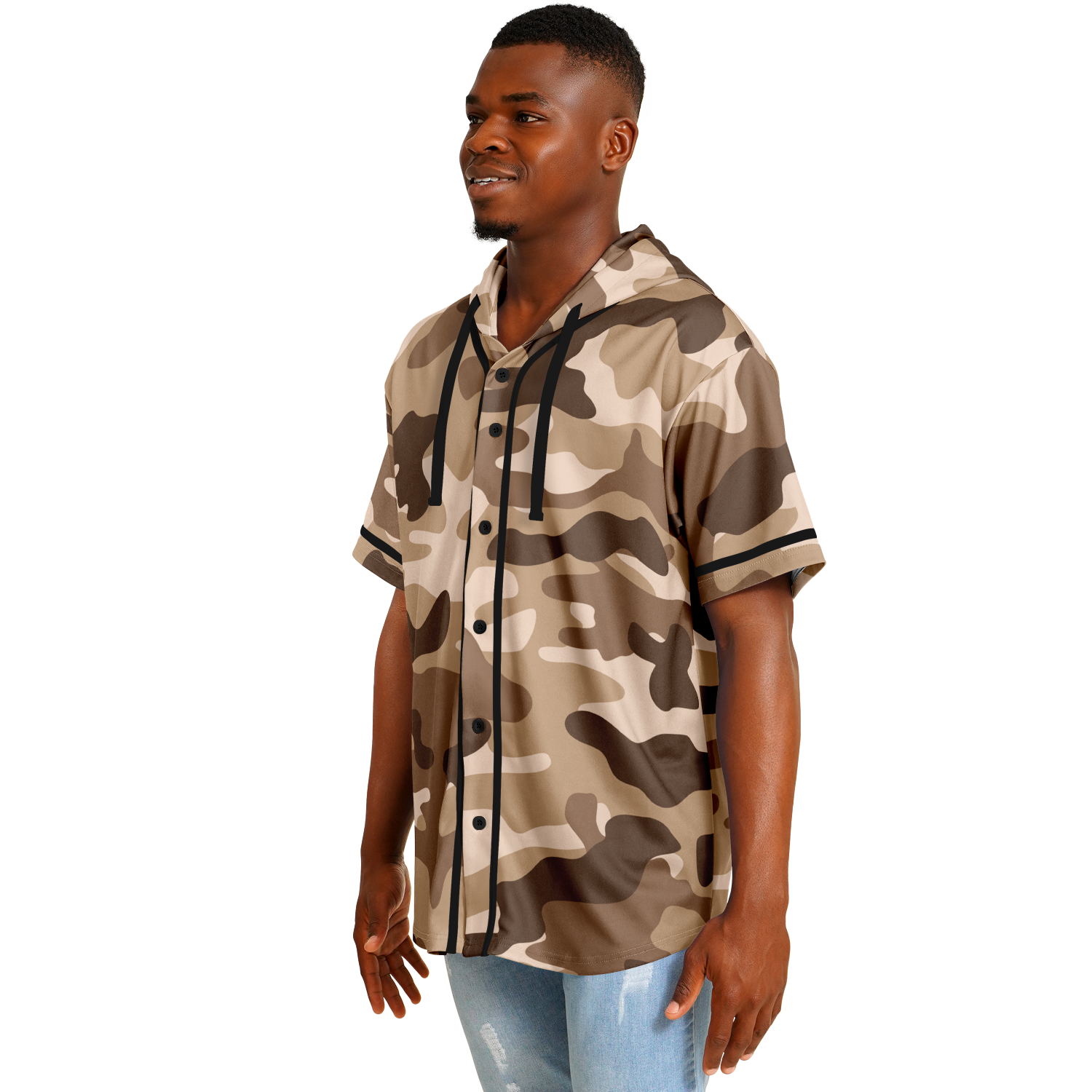 Hooded Baseball Jersey | Brown Military Camo Print | Camo Colors