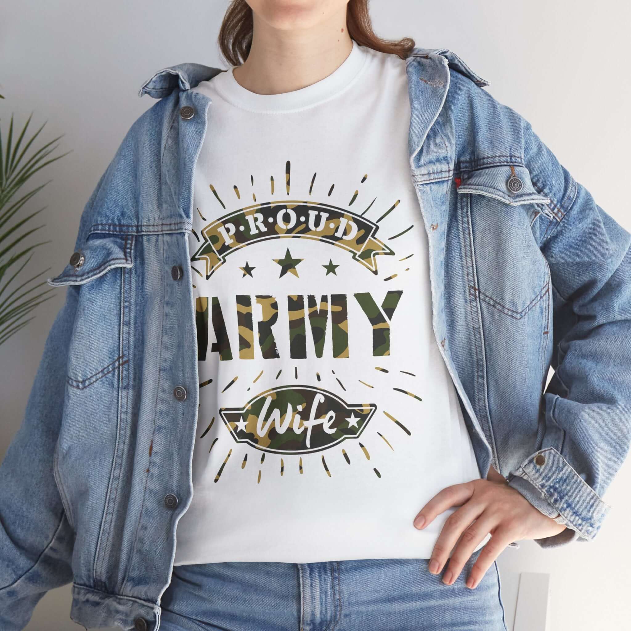 Proud Army Wife White T-Shirt | 2025 Heavy Cotton Tee Camo Colors