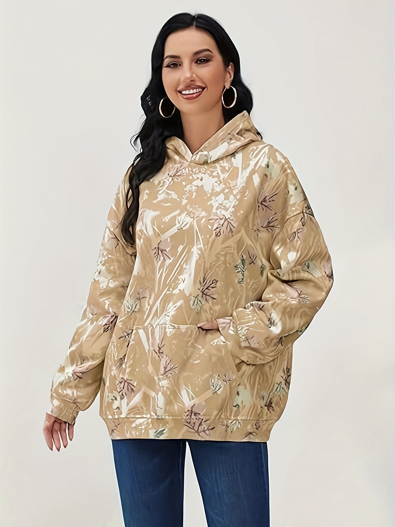 Plus Size Coffee Leaf Print Hoodie | Long Sleeves Paisley Camo Colors