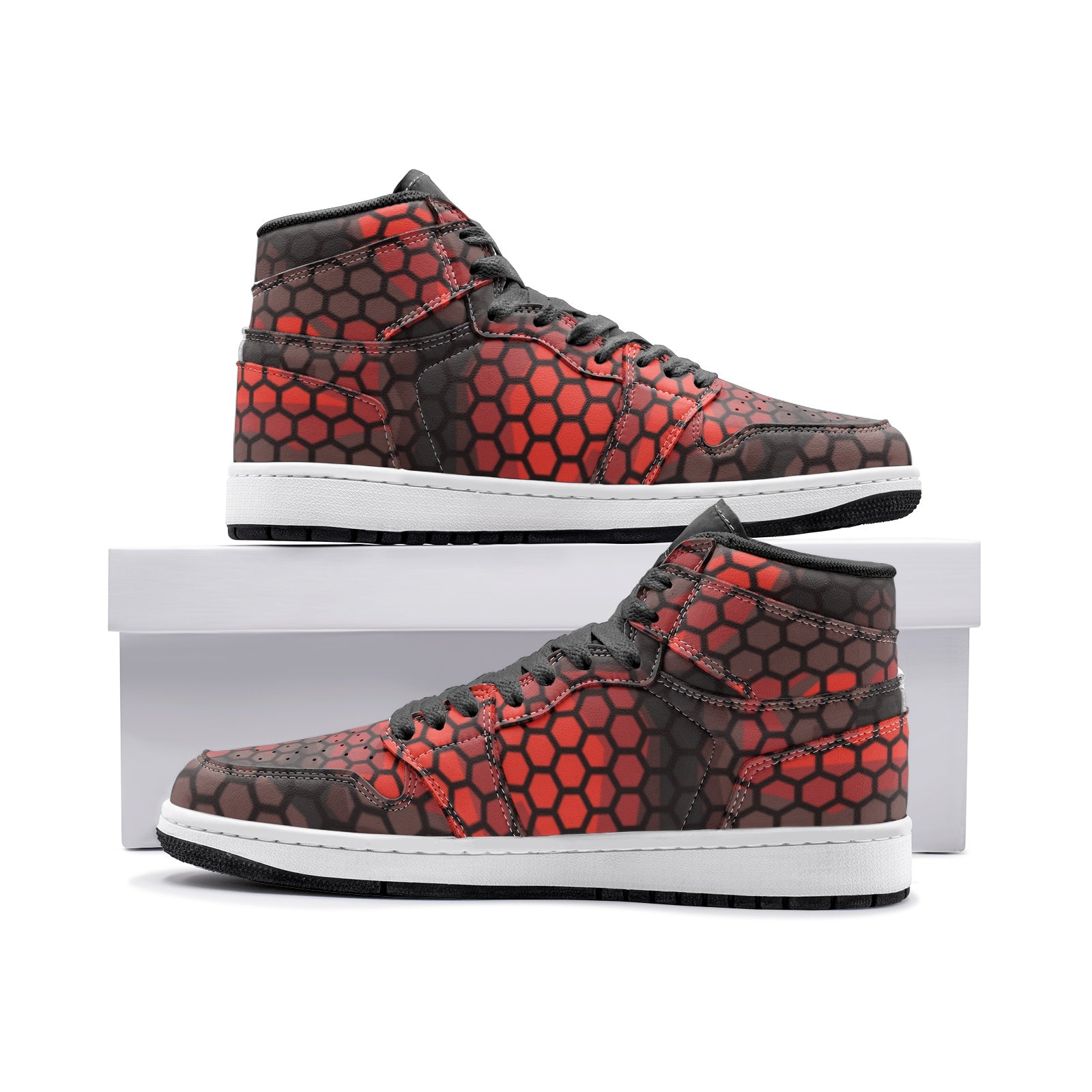 Red Camo Sneakers AJ 1 | High Top Leather | Geometric Hive Camo Colors