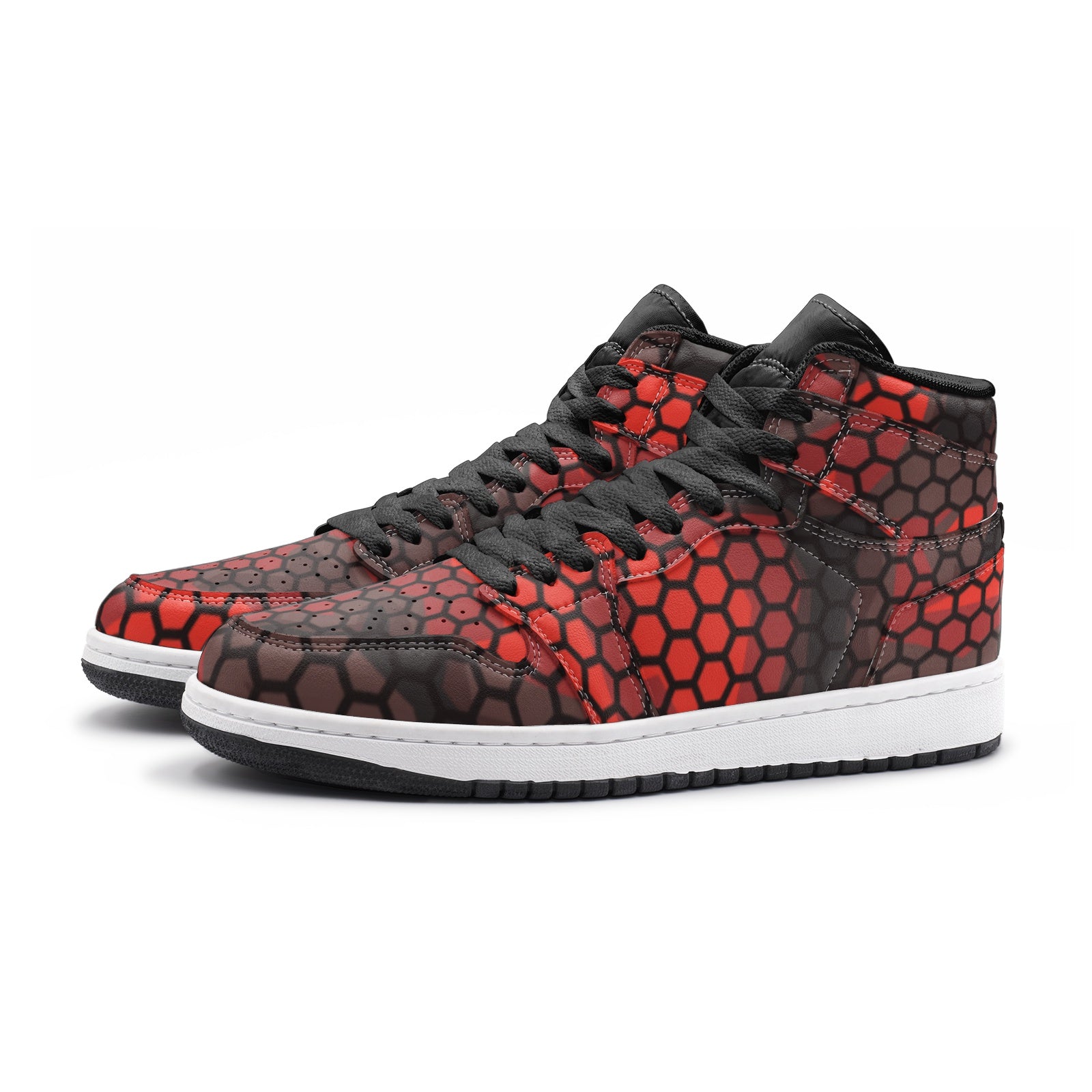 Red Camo Sneakers AJ 1 | High Top Leather | Geometric Hive Camo Colors