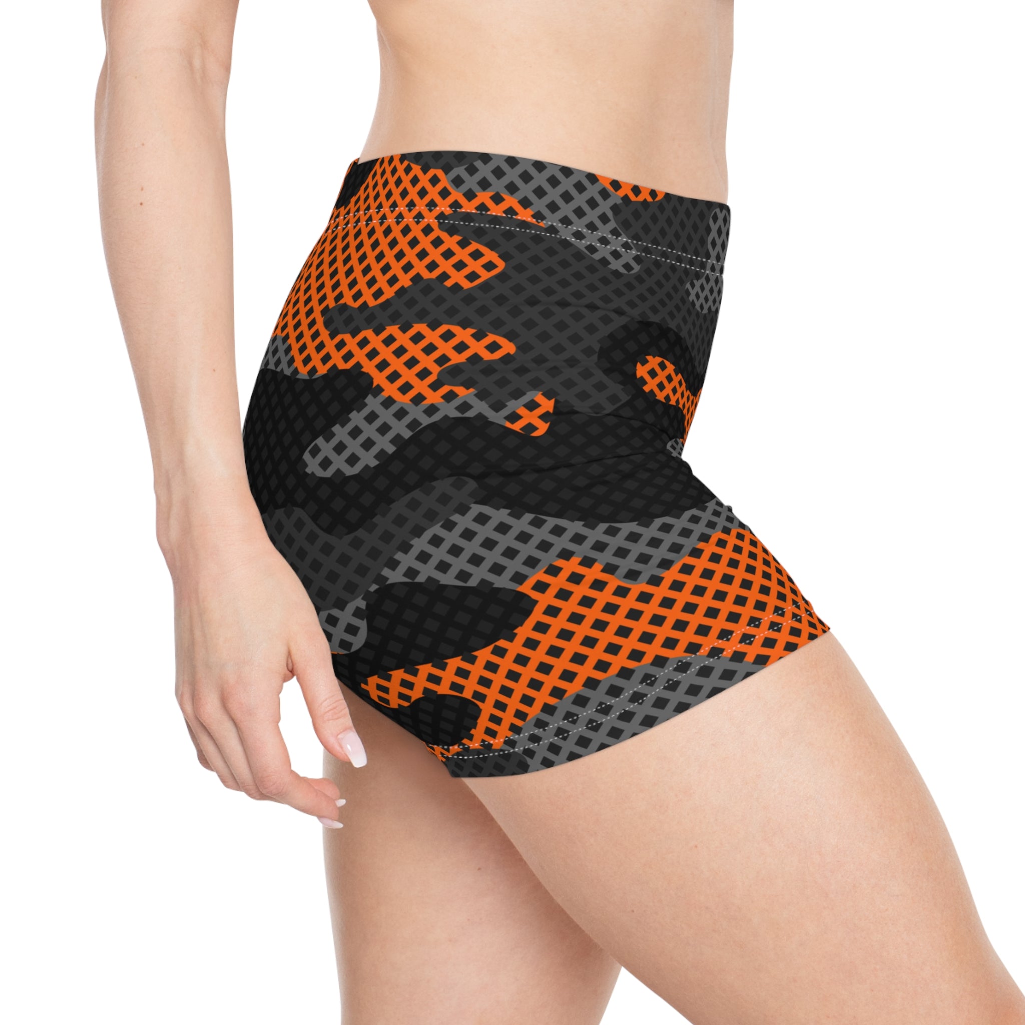 Women's Camo Shorts | Tight Fit | Black and Orange Pixel Camo Colors