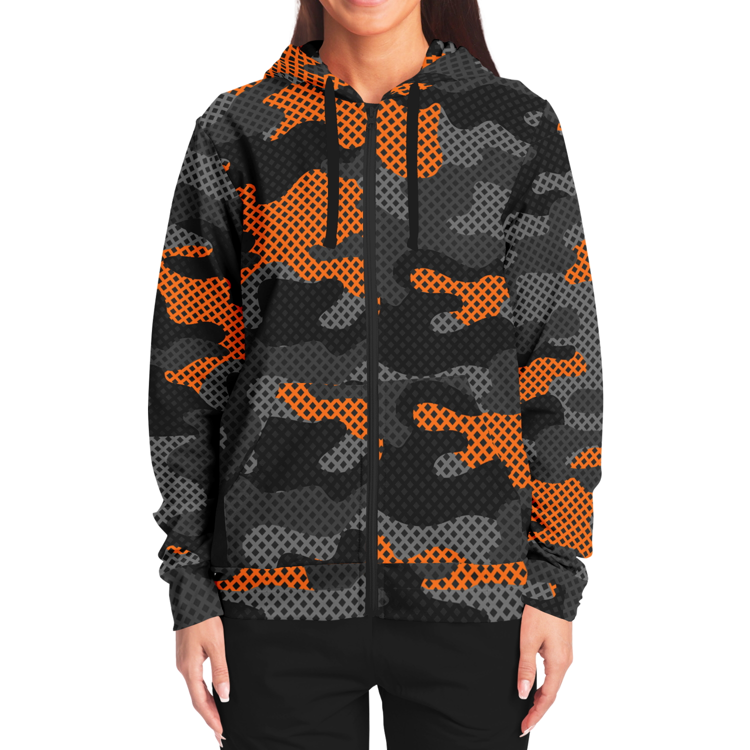 Zip-Up Hoodie | Orange & Black Pixel Camouflage style Camo Colors