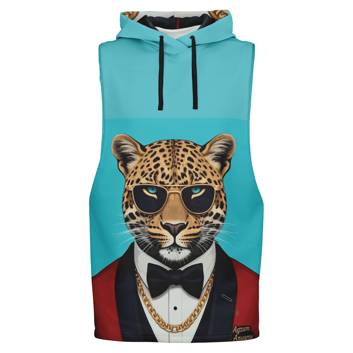 Blue Sleeveless Hoodie | Big Leopard in a Stylish Tuxedo | Camo Colors