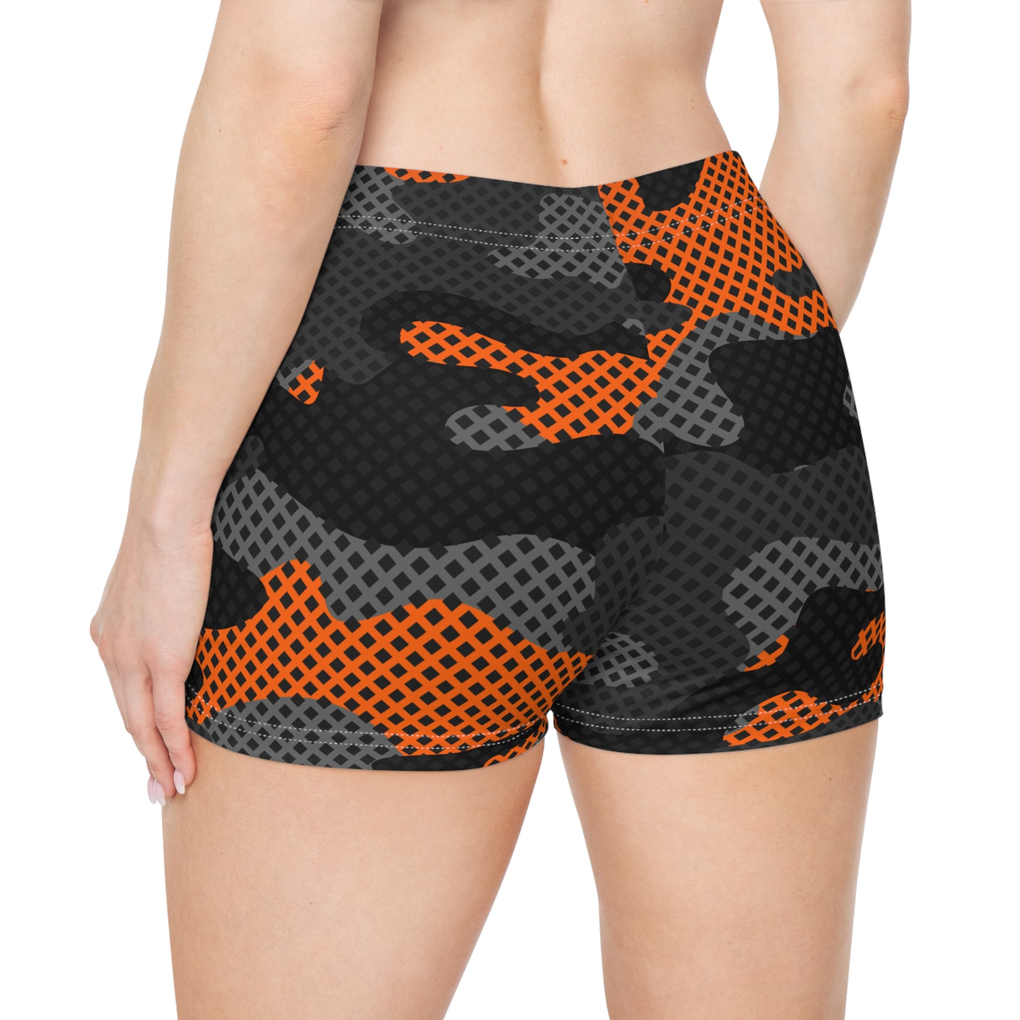 Women's Camo Shorts | Tight Fit | Black and Orange Pixel Camo Colors