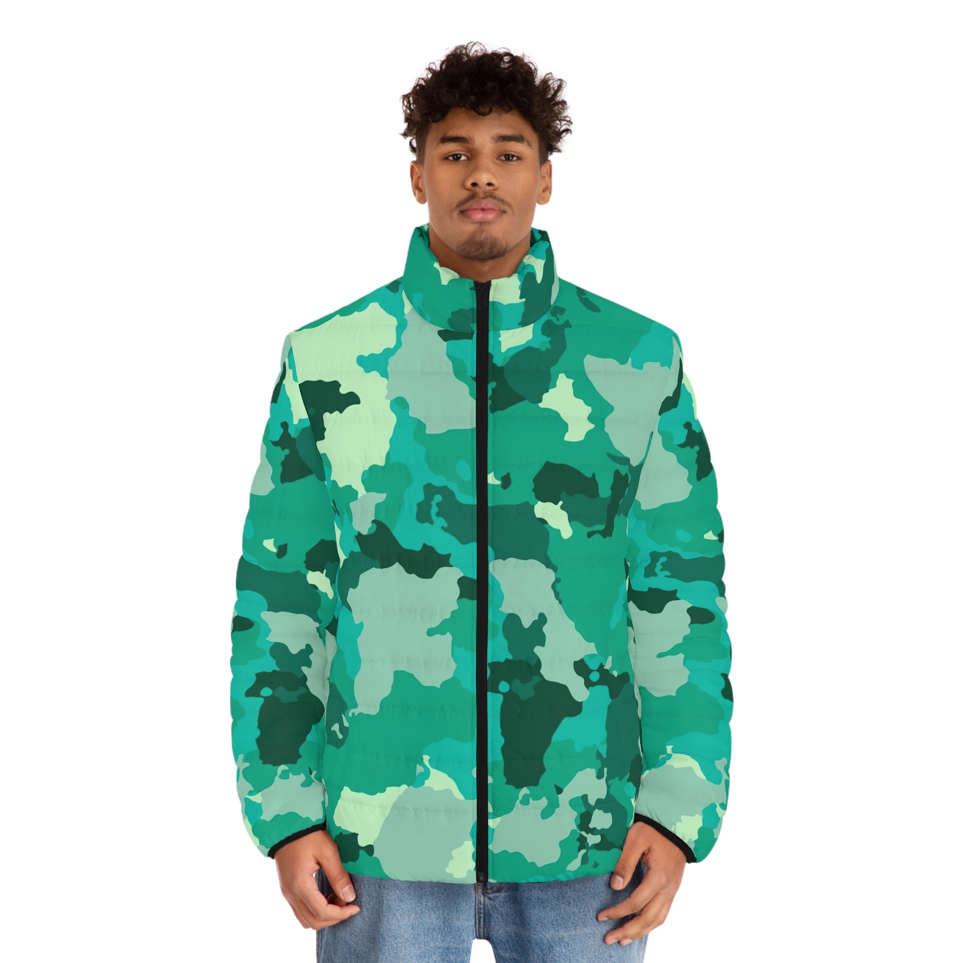 Cyan Green Camo Puffer Jacket For Men | Military Camouflage Camo Colors