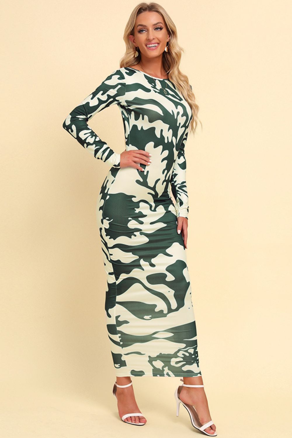 Printed Backless Long Sleeve Maxi Camo Dress Camo Colors
