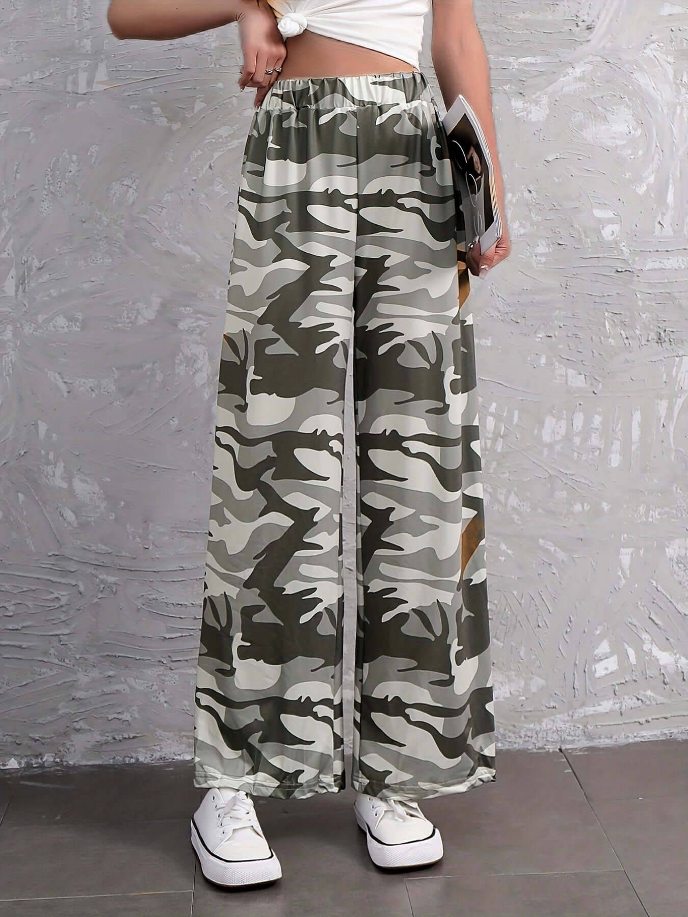 Camo Print Wide Leg Pants | Casual Elastic Waist Long Length Camo Colors