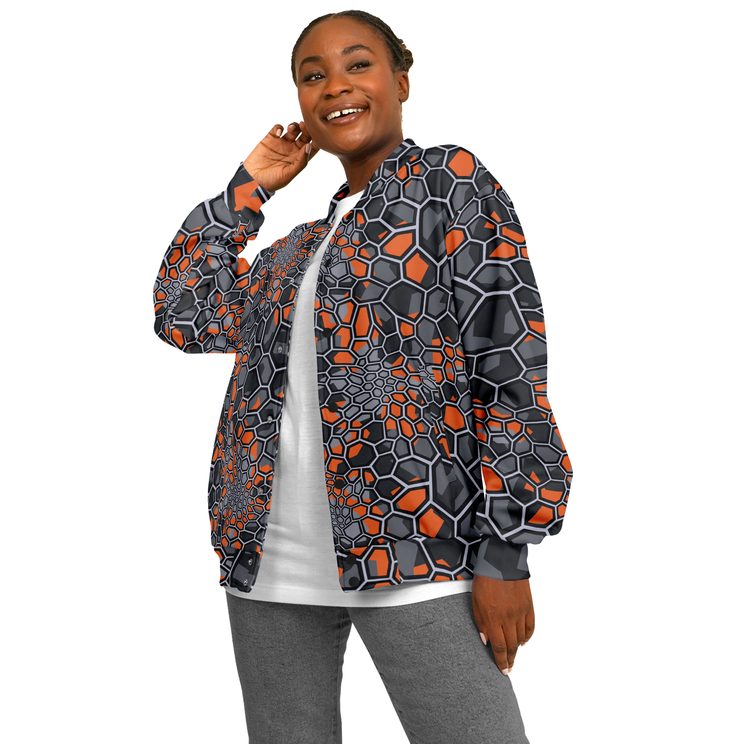 Baseball Jacket | Geometric Camo in Orange, Gray & Black Camo Colors