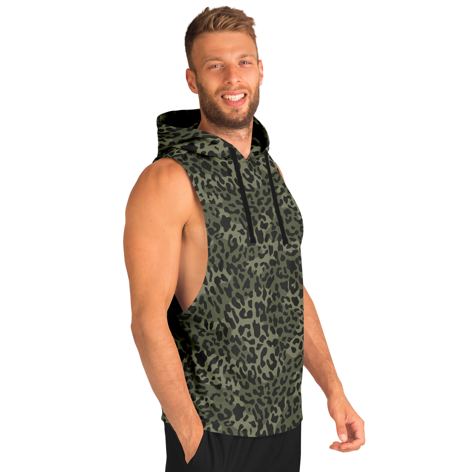 Sleeveless Leopard Hoodie | Shades of Brown and Green | Camo Colors