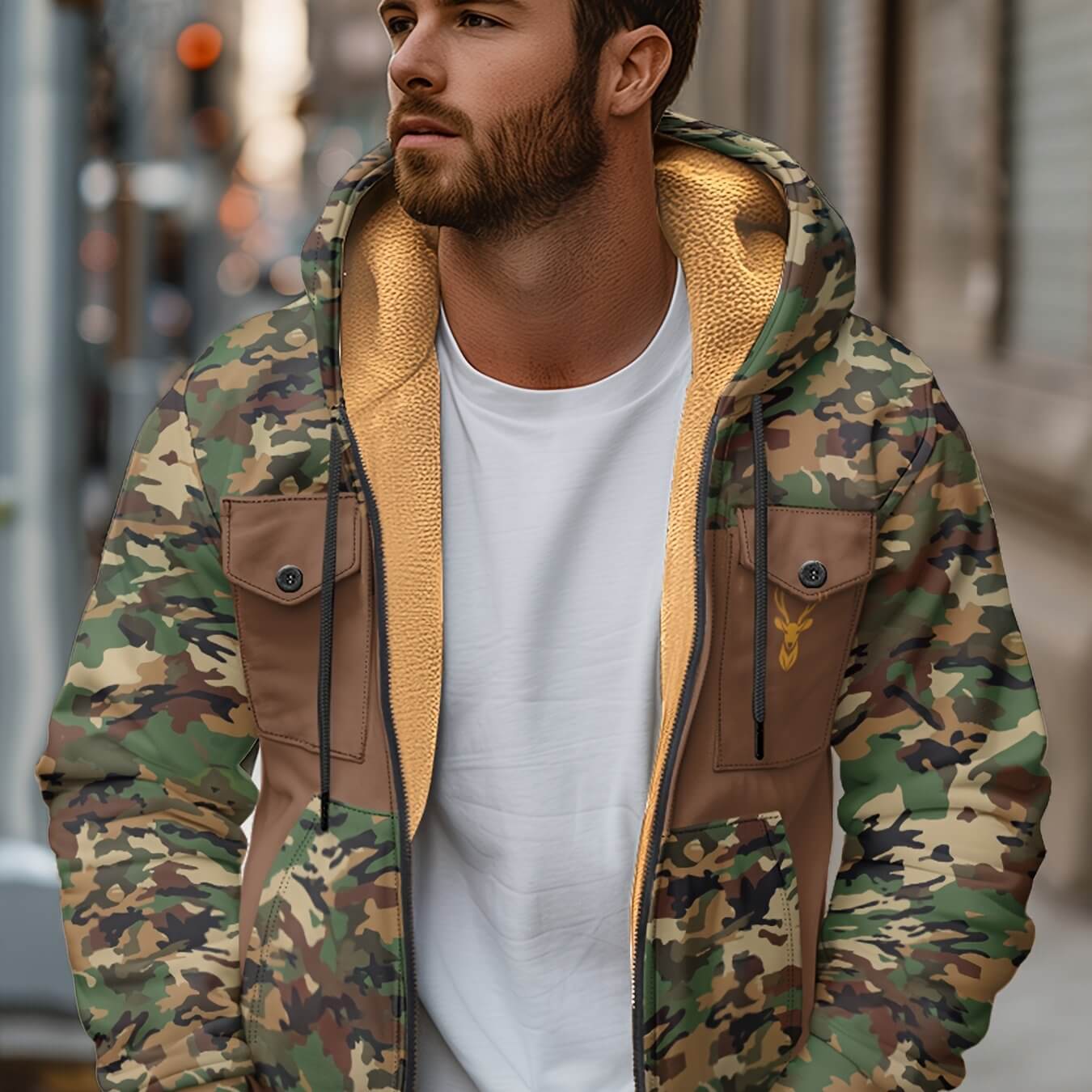 Camo Fleece-Lined Hooded Jacket | Zip-Up Winter Coat Camo Colors