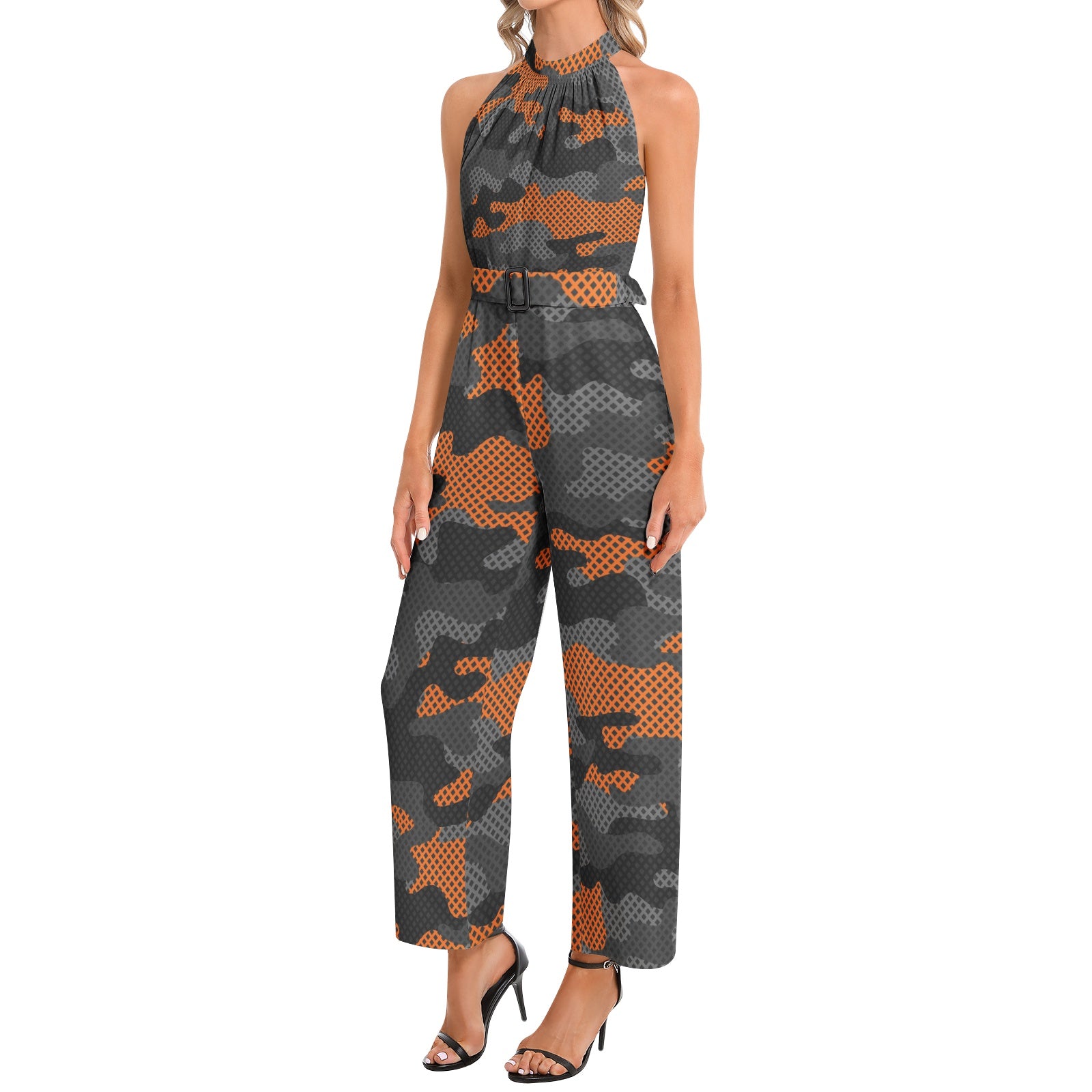 Camo Jumpsuit | Belted Halter Neck | Black and Orange Pixel Camo Colors