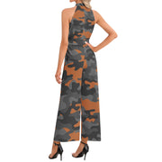 Camo Jumpsuit | Belted Halter Neck | Black and Orange Pixel Camo Colors