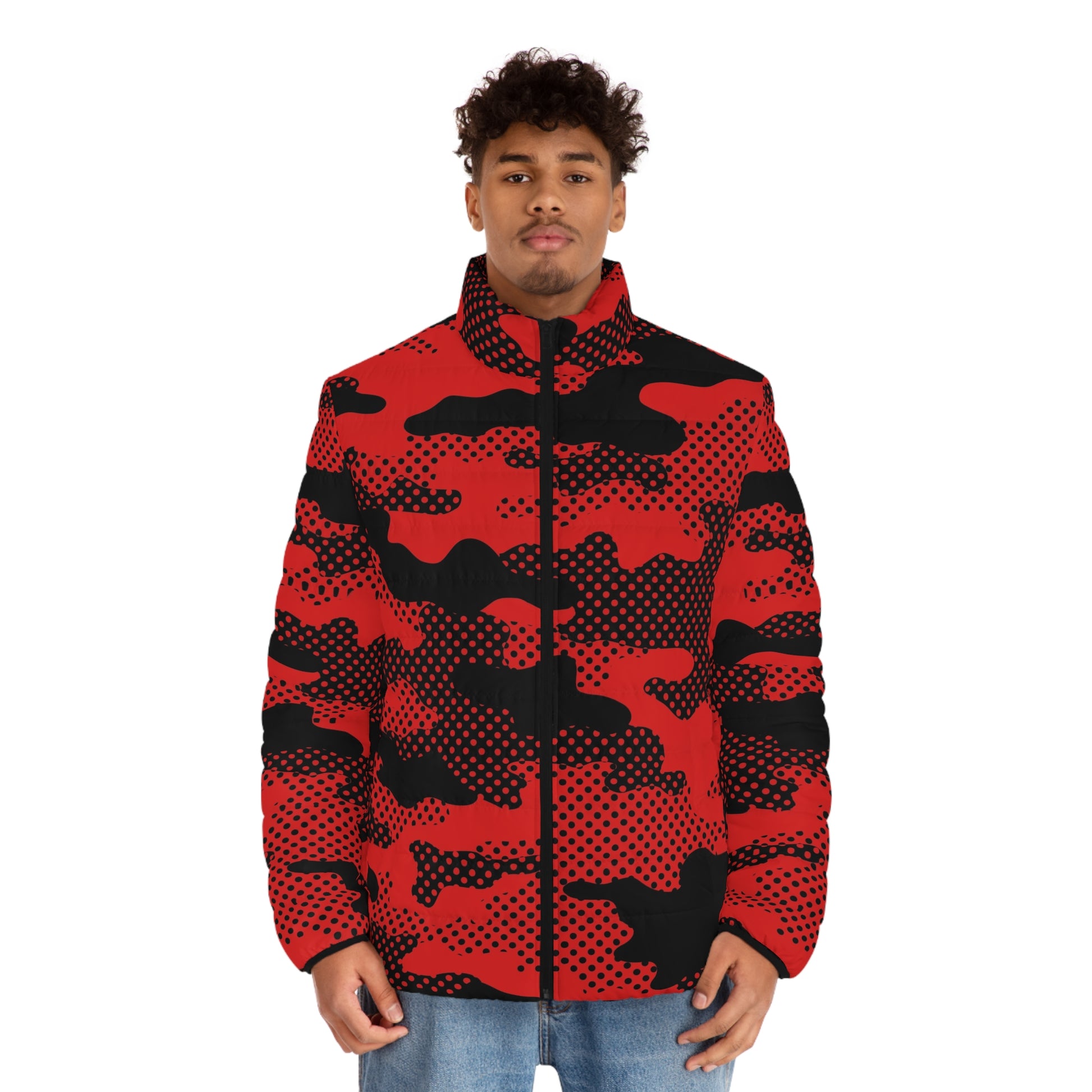 Red Camo Puffer Jacket For Men | Pixel Camouflage Camo Colors