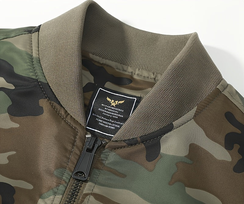 Fashionable Men's Camo Bomber Jacket, Stand Collar, Zipper Camo Colors