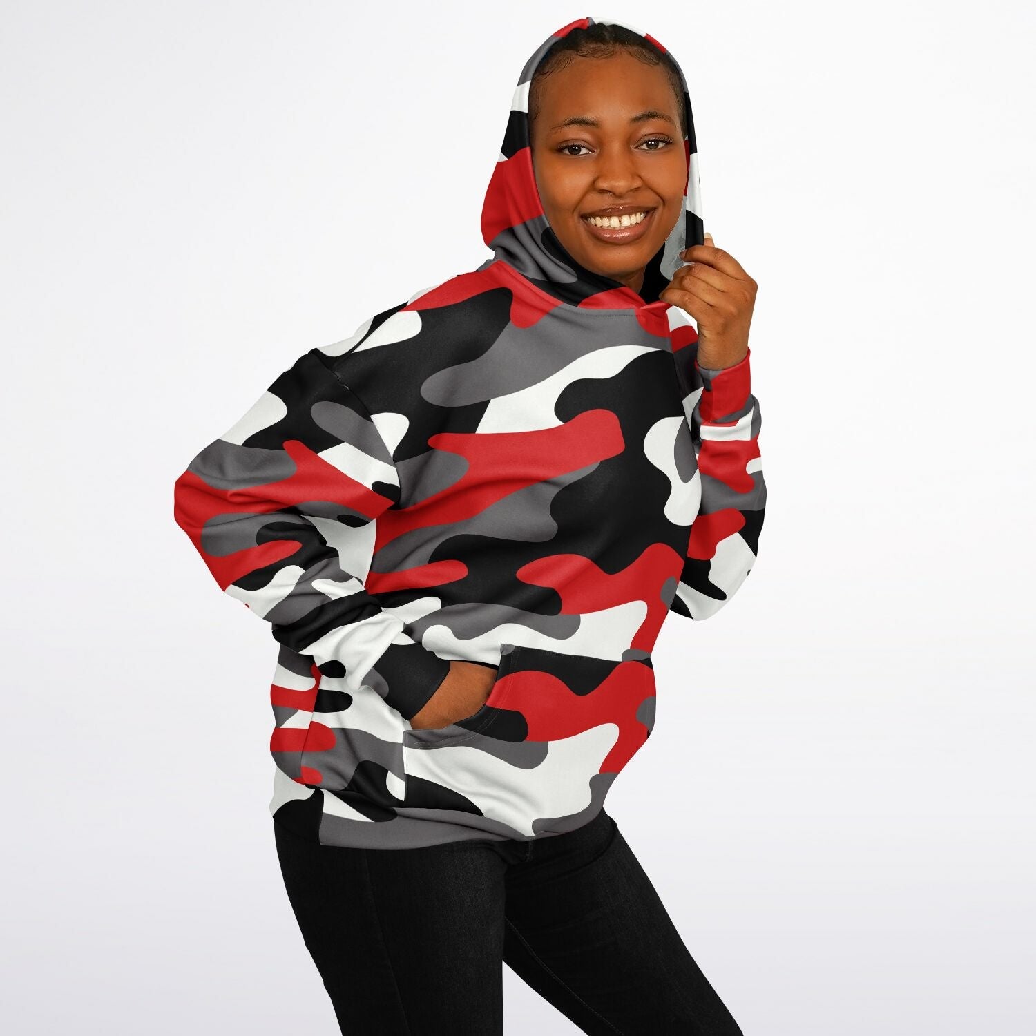 Oversized Hoodie in Red, Black, and White Camo Print | Camo Colors