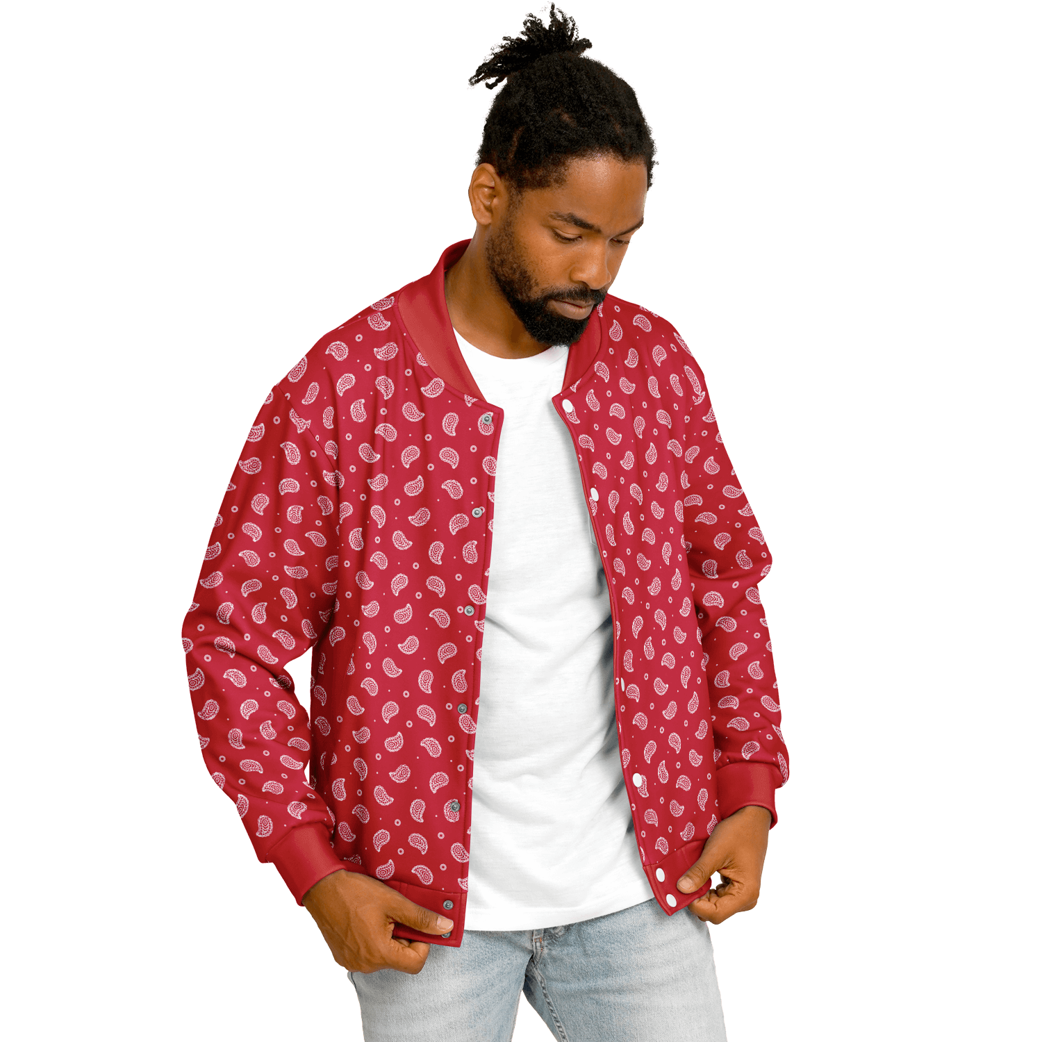 Red Bandana Baseball Jacket | Small White Paisley Pattern Camo Colors