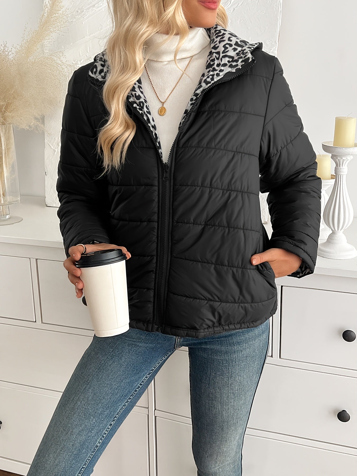 Women's Reversible Leopard Print Hooded Puffer Jacket | Camo Colors