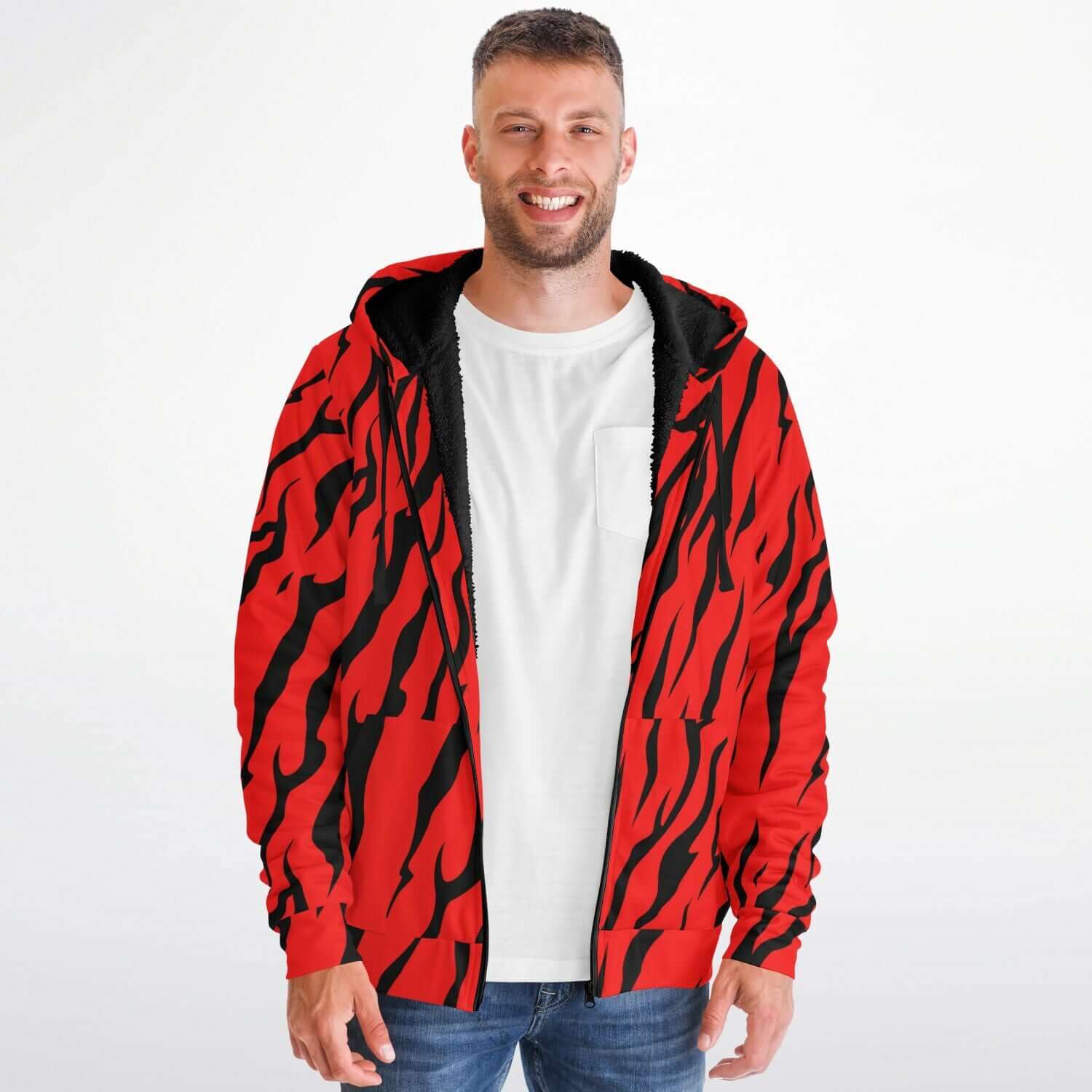 Microfleece Zip Hoodie in Red and Black Tiger Print Camo Colors