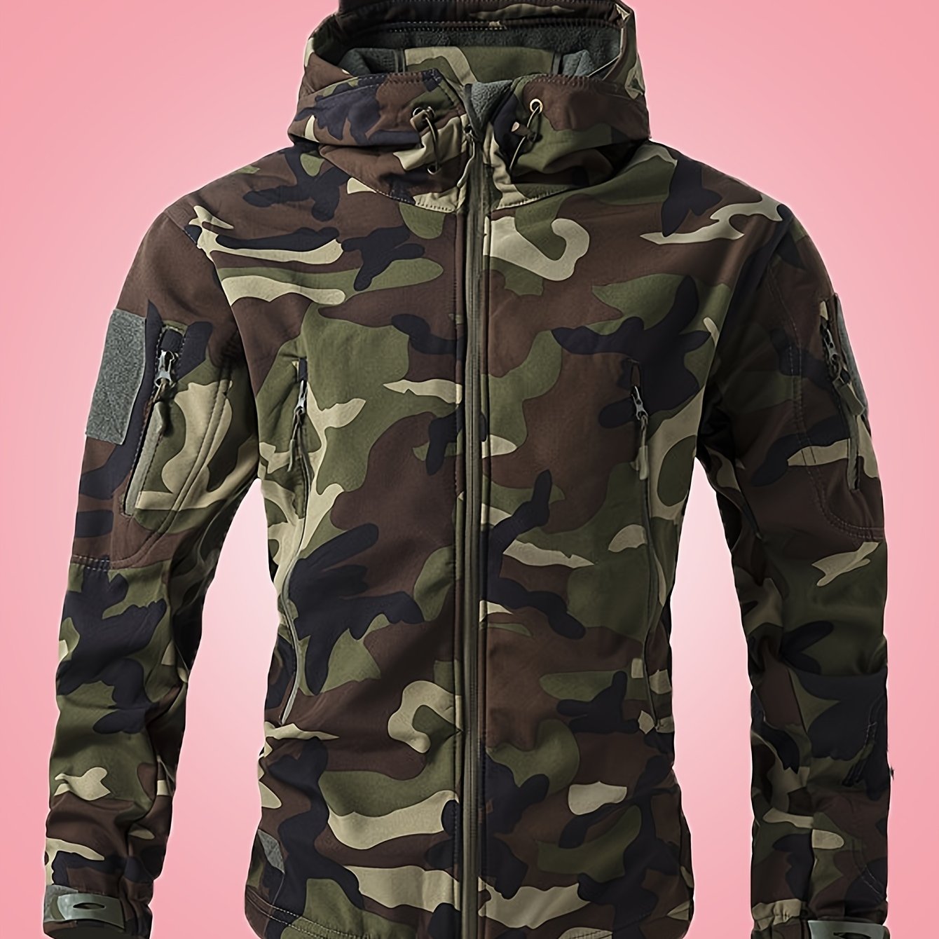 Men's Military Camo Jacket | Hooded Windbreaker with Zippered Pockets, Removable Hood Camo Colors
