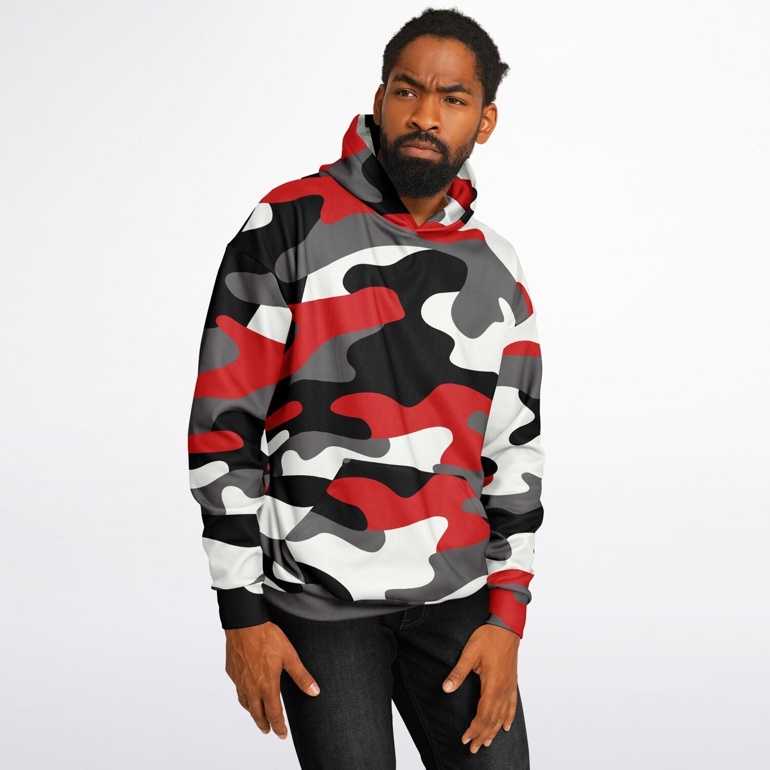 Oversized Hoodie in Red, Black, and White Camo Print | Camo Colors