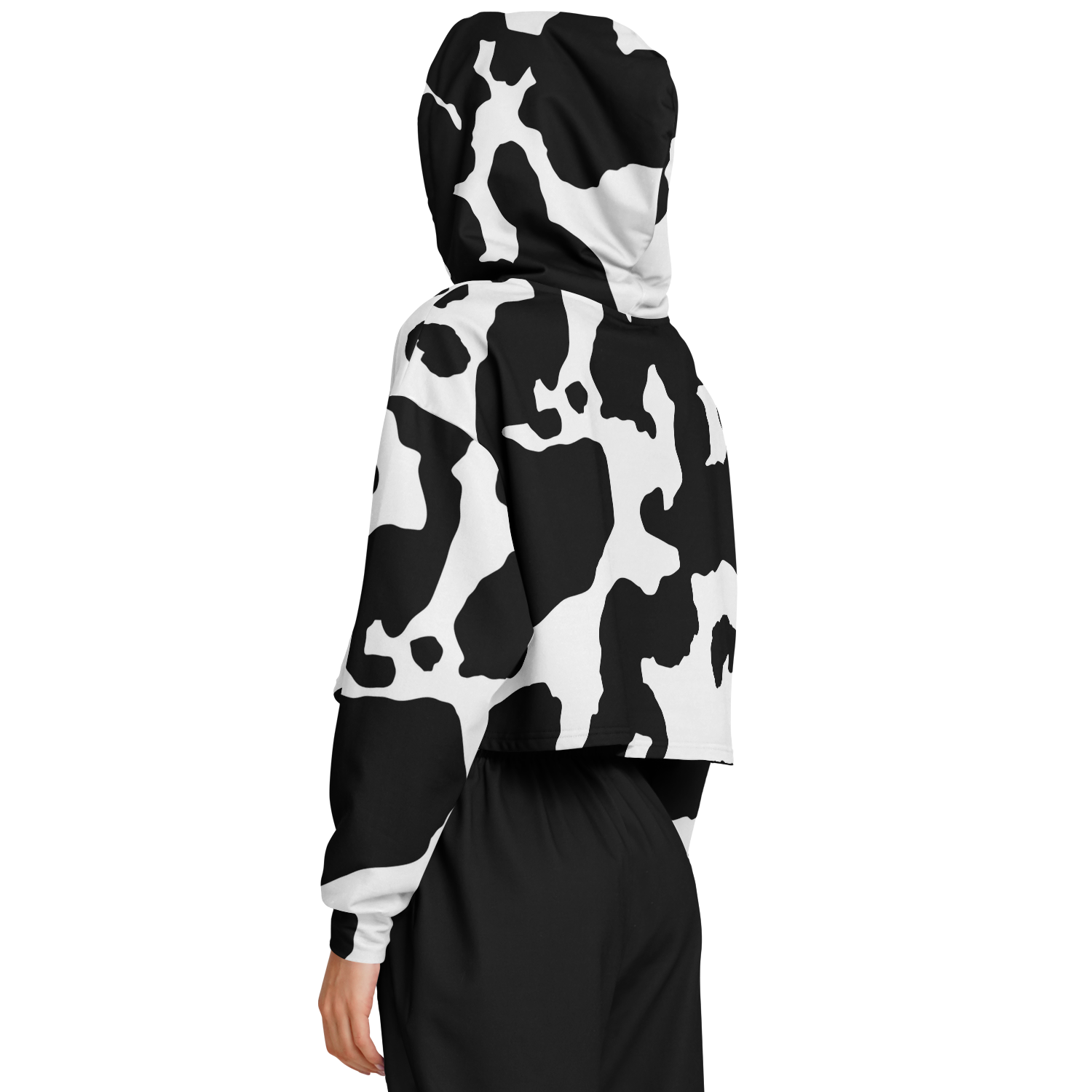 Cropped Hoodie For Women | Black & White Cow Camouflage Camo Colors