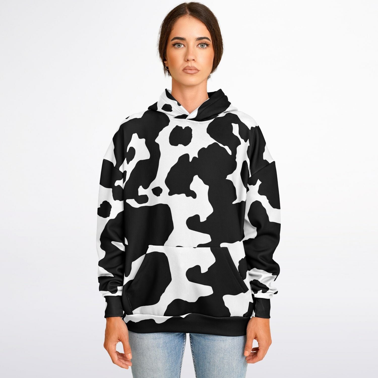 Oversized Hoodie in Black and White Cow Print | Camo Colors