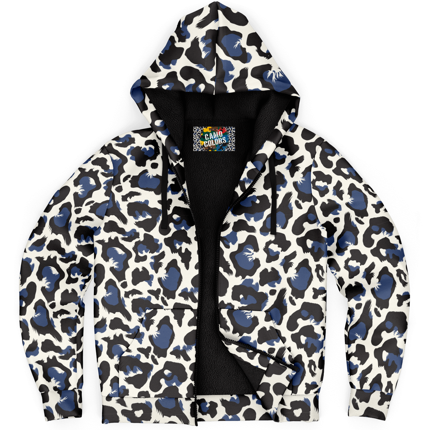 Microfleece Zip Hoodie | Leopard Print in White, Green & Blue Camo Colors