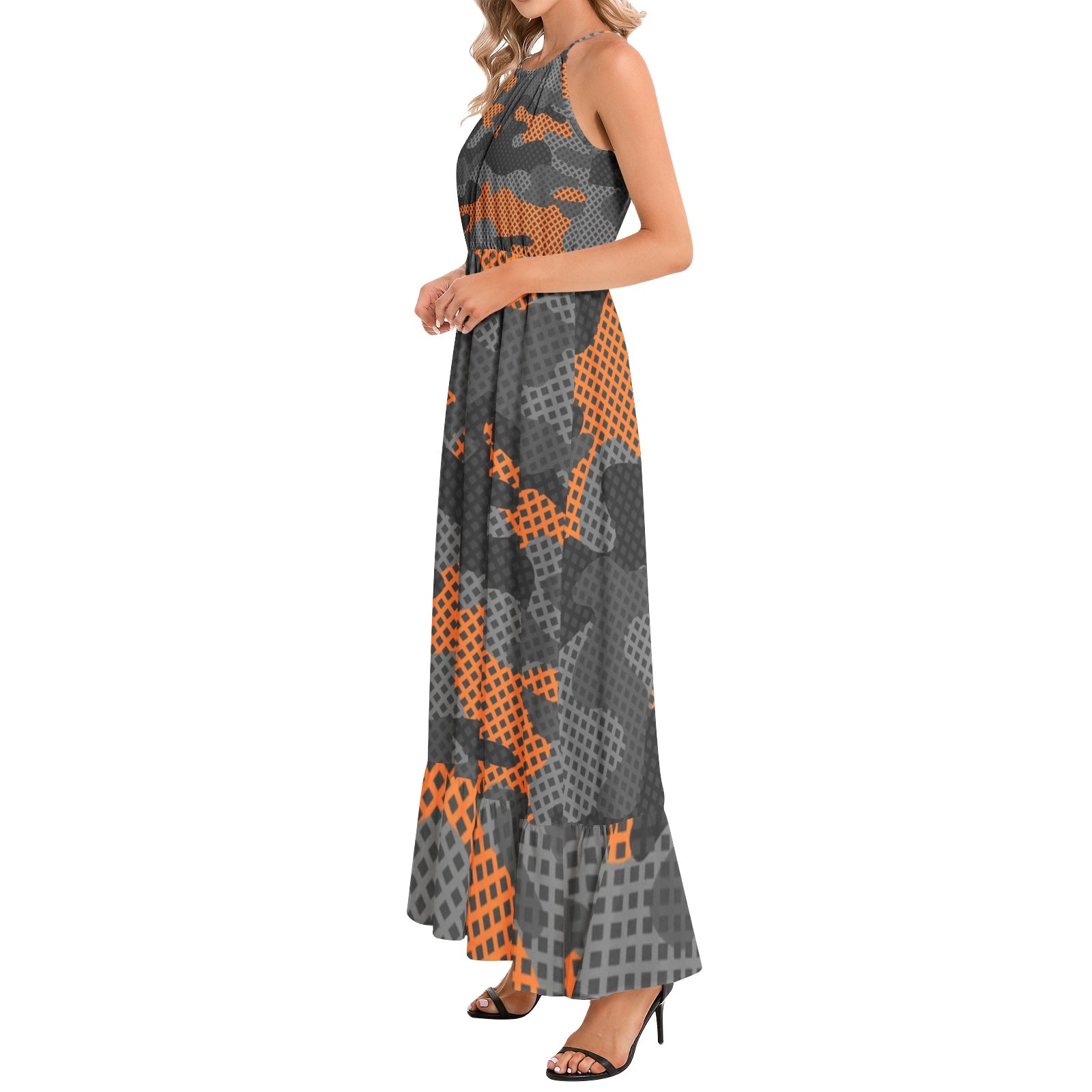 Camo Maxi Dress | Black and Orange Pixel Camouflage Camo Colors