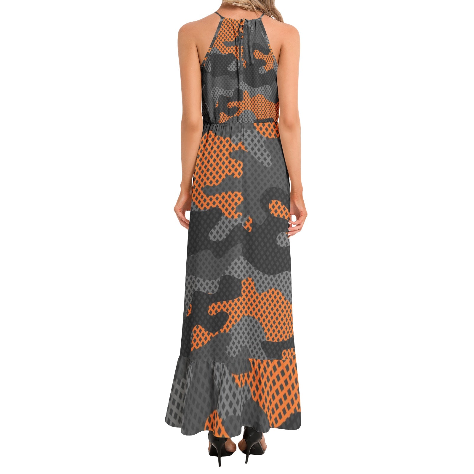 Camo Maxi Dress | Black and Orange Pixel Camouflage Camo Colors