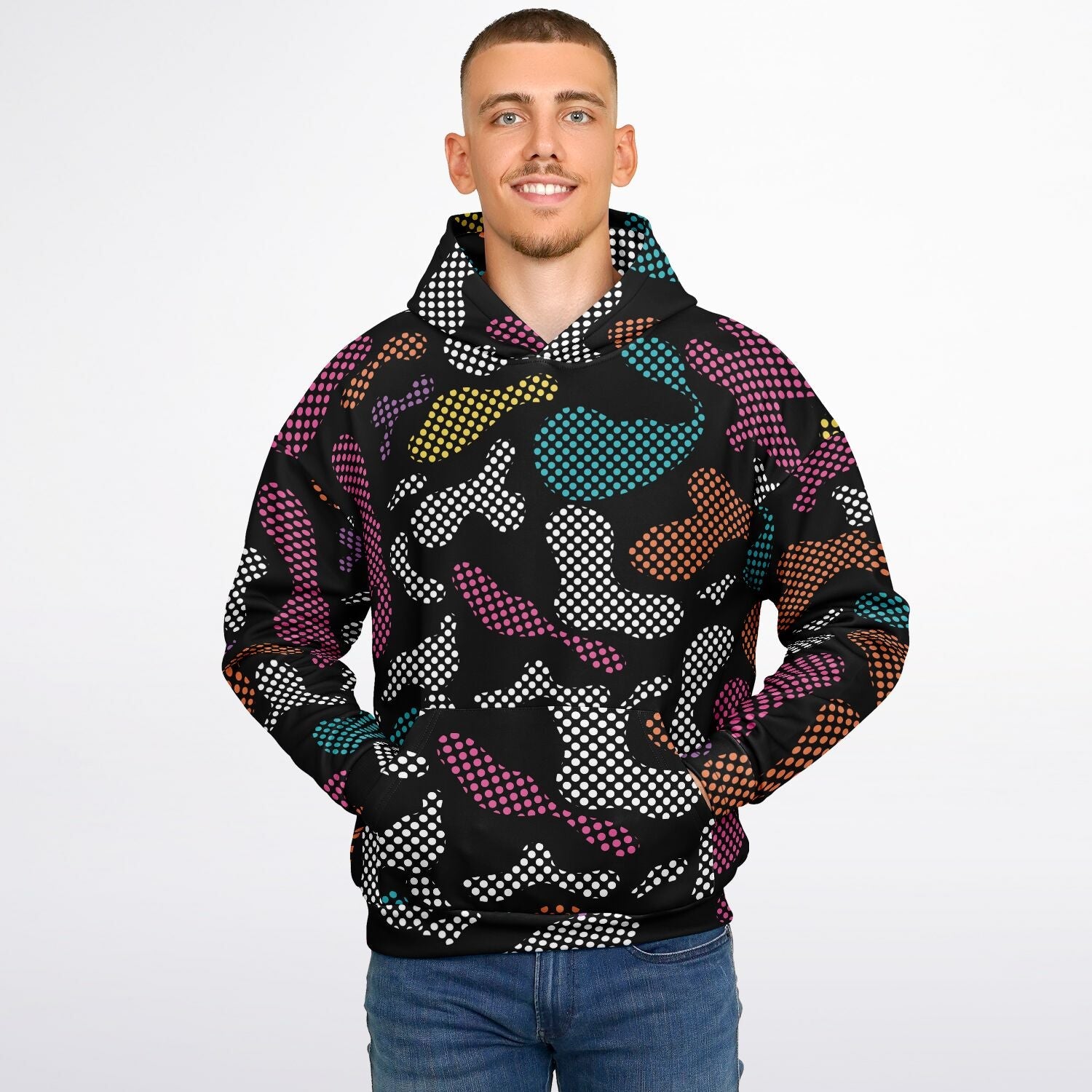 Black Oversized Hoodie | Pixel Camouflage in PInk and Yellow | Camo Colors