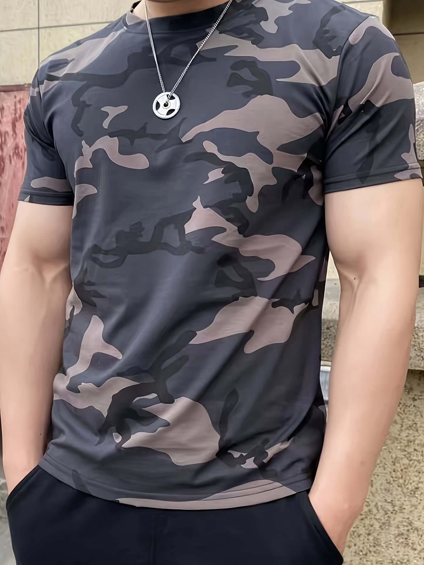Men's Camo Print Short Sleeve T-shirt, Outdoor Athletic Camo Colors