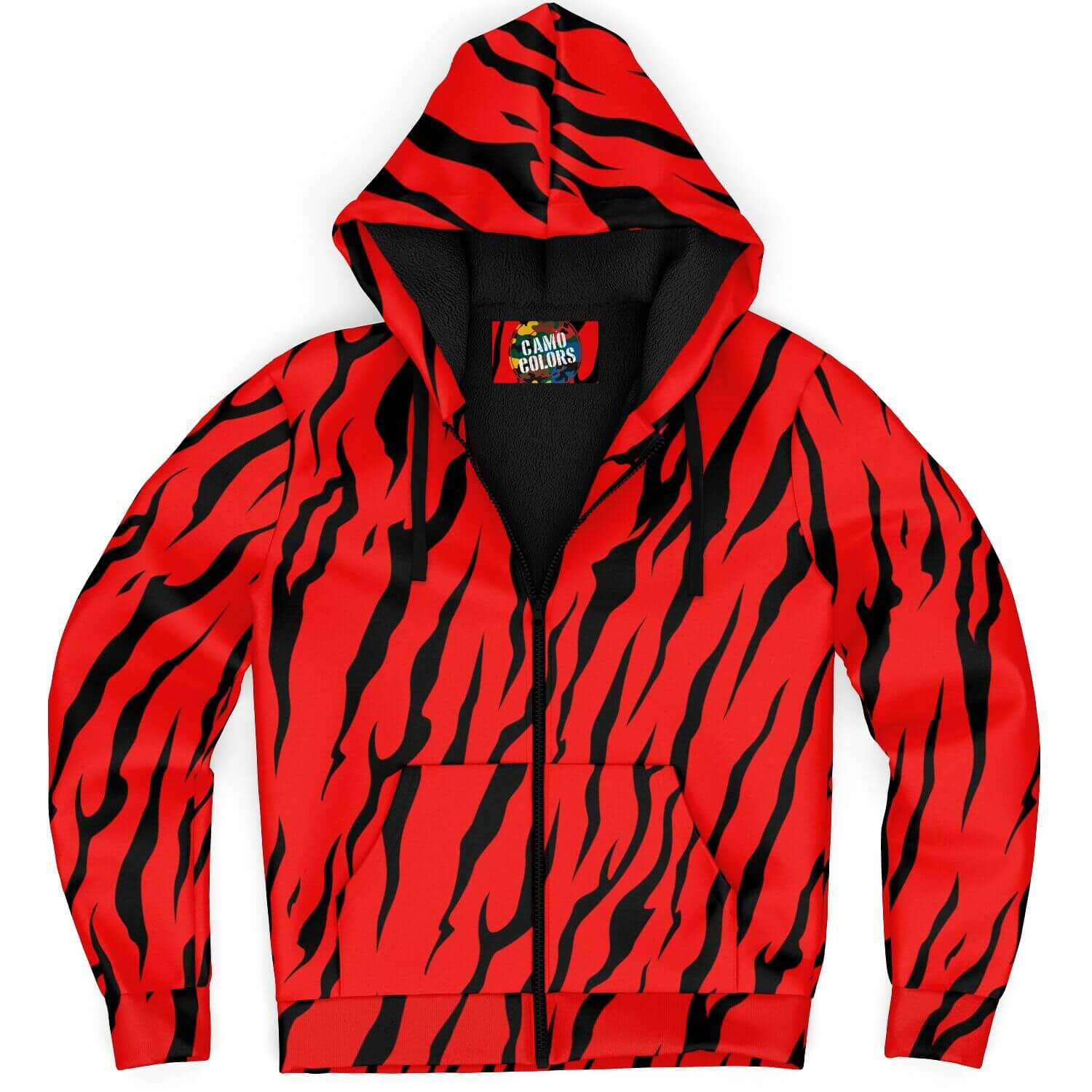 Microfleece Zip Hoodie in Red and Black Tiger Print Camo Colors