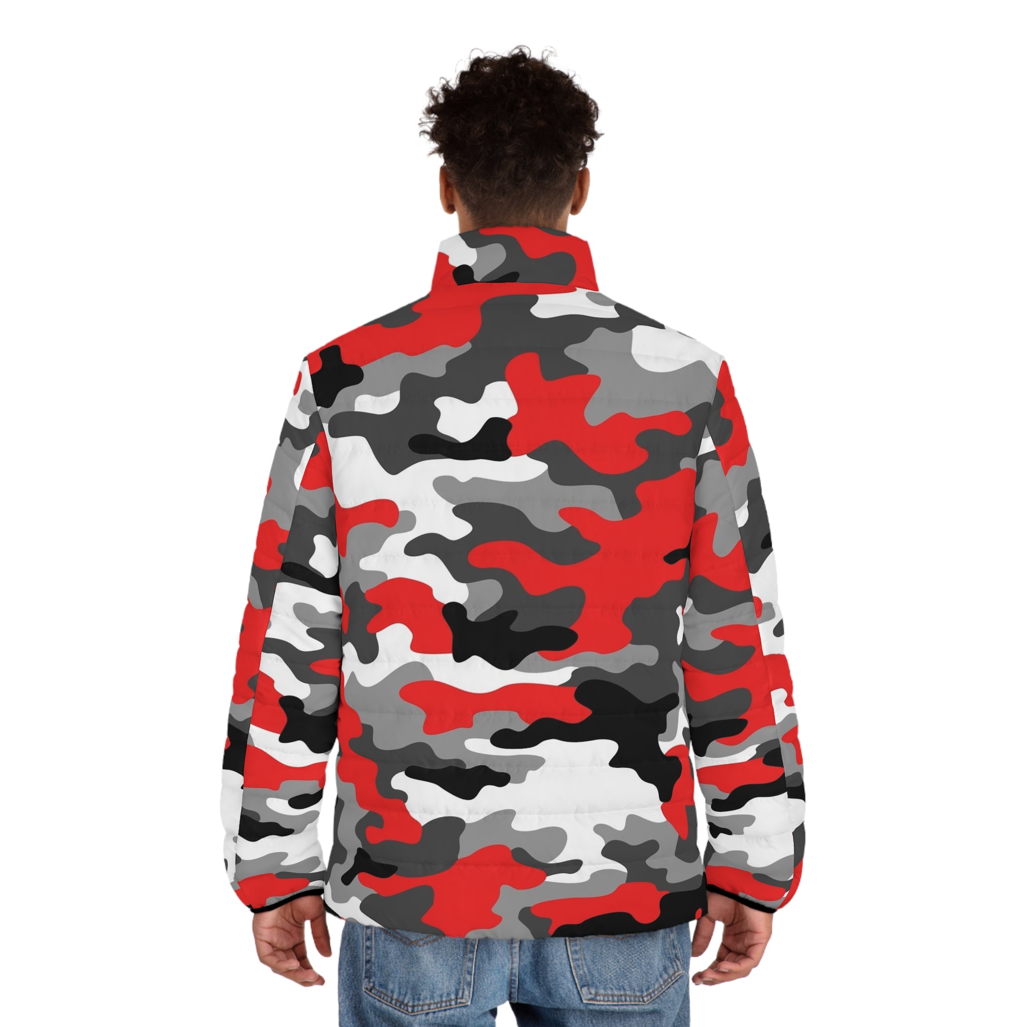 Camo Puffer Jacket For Men | Mixed Red, Gray, Black & White Camo Colors