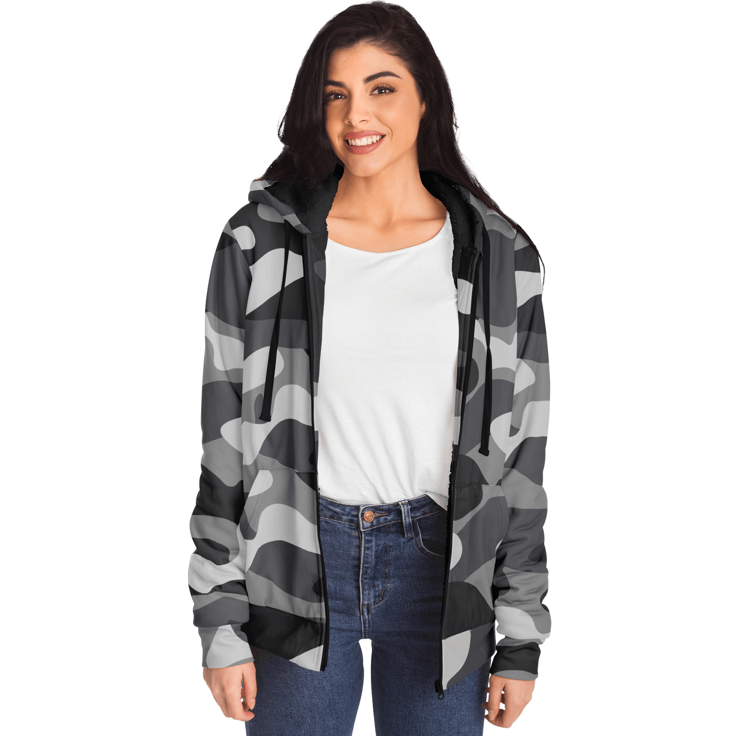 Microfleece Zip Camouflage Hoodie in Shade Of Grey Camo Colors