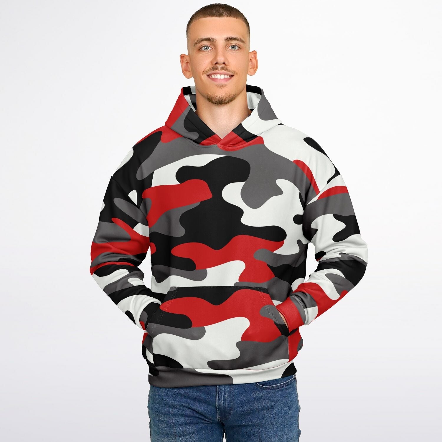 Oversized Hoodie in Red, Black, and White Camo Print | Camo Colors
