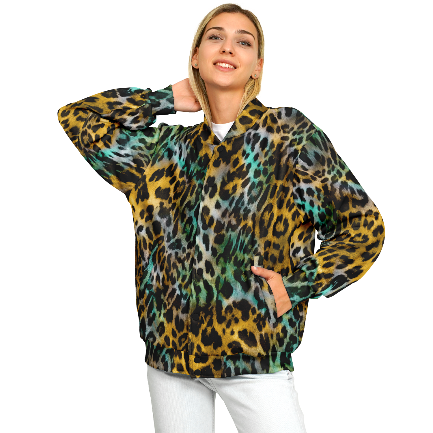 Baseball Jacket in Yellow and Blue Leopard Print Camo Colors