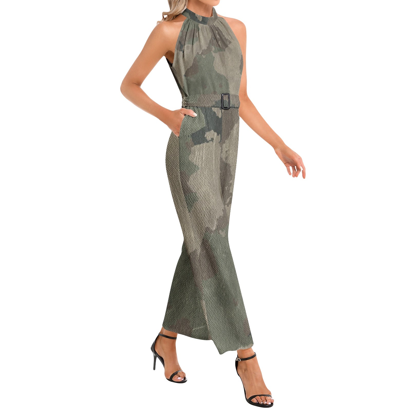 Camo Jumpsuit | Belted Halter Neck | Dirty Brown Camo Colors